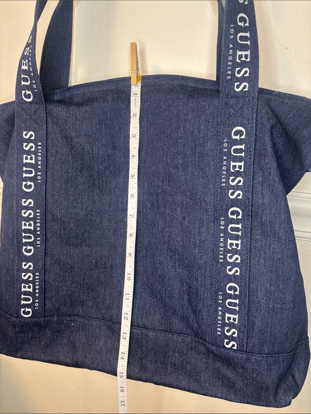 Guess Navy Denim Oversized Tote with White Logo Strap (NEW) - Picture 6 of 10